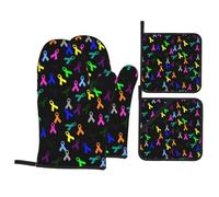 Cancer Ribbon Heat Resistant Oven Mitts and Pot Holders Set of 4-500°f Protection Utensil Pocket for Grilling, Baking, Cooking