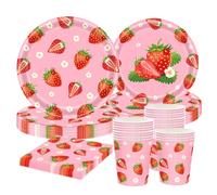 CANCJ Strawberry Party Tableware Set for 10 Guests - 50-Piece Paper Plates 9 inches / 7 inches, Paper Cups, Napkins - Strawberry Decoration Children's Birthday Girls Spring Summer Theme Party Picnic