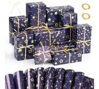 Candcamp 8 Sheets Birthday Wrapping Paper Set, Blue Wrapping Paper Recyclable with 2 Rolls Ribbons for Men Boys