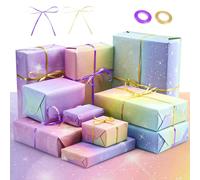 Candcamp Birthday Wrapping Paper Set, 8 Pcs Rainbow Gradient Colour Gift Wrapping Paper with 2 Roll Satin Ribbon for Women Girl, 50 x 70CM Recyclable Gift Wrap Paper for Birthday, Party, Wedding