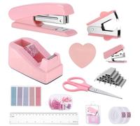 Candcamp Pink Office Supplies Set, Pink Stapler and Tape Dispenser Set with Staple Remover, Staples, Scissor, Clips, Tape, Tabs, ruler, Desk Accessories for Students, Home, office