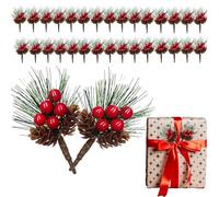 canddy 30Pack Artificial Pine Picks, 3.5inch Fake Holly Christmas Red Berry Stems, Christmas Sprigs Faux Floral Picks with Pinecones for DIY Gift Floral Arrangements (Red)