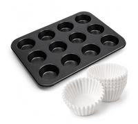 CANDeal 12 Cup Muffin Pan with 500 Pack White Disposable Cupcake Liners, Nonstick Carbon Steel Cupcake Baking Tray, Muffin Tin for Muffins Cupcakes Brownies, Home Baking Bakeware Set (Black)