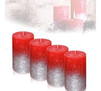 Candelo Set of 4 Ambiente Rustic Pillar Candles - Red Metallic Silver - Large Candle 12 cm - Long Burning Time Approx. 54 Hours Christmas Candles for Advent Wreath