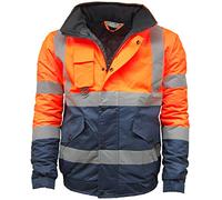 Candid Styles® Hi Vis Viz Bomber Jacket High Visibility Workwear Safety Security Hooded Padded Waterproof Taped Seams Work Wear Coat Top (Orange Navy, Large)