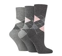 Candid Styles® Womens Argyle Socks Honey Comb Top Non Binding Soft Cotton Loose Elastic Top Sock Assorted Colors (Charcoal/Grey, PK 3, 4-8)