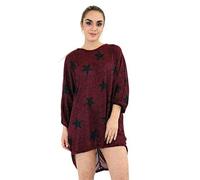 Candid Styles Womens Batwing Top Stars Printed High Low Hem Lagenlook Oversized Baggy Mini Dress, (One Size 8-22, Wine with White Stars)