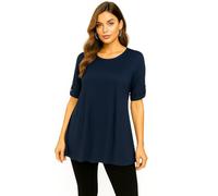 Candid Styles® Womens Button Short Sleeve Long Flared Tunic Top, Ladies Casual Office Stretchy Loose Fit Round Neck Plain T-Shirt (Navy, 22-24)