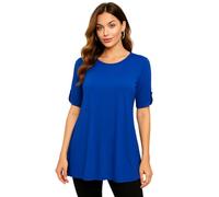 Candid Styles® Womens Button Short Sleeve Long Flared Tunic Top, Ladies Casual Office Stretchy Loose Fit Round Neck Plain T-Shirt (Royal Blue, 14-16)