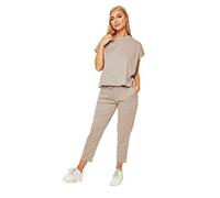 Candid Styles Womens Dogtooth Print And Plain Boxy Loungewear 2 Piece Top and Pants Co-ord Suit 8-22#(Crew Neck Stone # UK 8-10