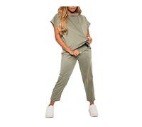 Candid Styles Womens Dogtooth Print And Plain Boxy Loungewear 2 Piece Top and Pants Co-ord Suit 8-22#(Crew Neck Khaki # UK 16-18