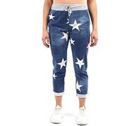 Candid Styles Womens Italian Denim Joggers Sweatpants Plain Floral Star Elasticated Waist Gym Running Yoga Pants Jogging Turn Up Trousers 8-22#Blue Denim Star Trouser#UK 16-18