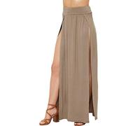Candid Styles Womens Ladies Double Side Slit Split Plain Basic Stretchy Gypsy Maxi Long Skirt 8-22, S/M 8-10, Mocha