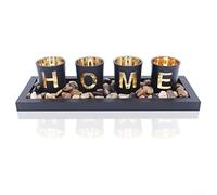 Candle holder set featuring hollow wooden letters spelling HOME, designed for decorative lighting and creating inviting home environments