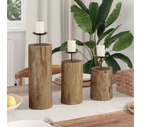 Candle Holders 3pc Natural Solid Teak Wood 12x12x29/20/15 cm Indoor Durable Set
