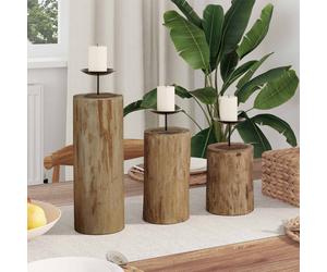 Candle Holders 3pc Natural Solid Teak Wood 12x12x29/20/15 cm Indoor Durable Set
