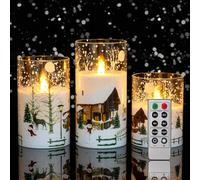 CANDLE IDEA 3PCS White Christmas Glass Flickering Flameless Candles with Snowman Decal,Real Wax Battery Operated LED Window Pillar Candles with 10-Key Remote and Timer Function for Holiday Home Decor