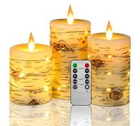 Candle Lights Birch Bark Effect Recessed Light String Candle Set of 3(10cm .5cm cm) Ivory Real Wax Pillar Battery Operated Candles with Dancing LED Flame 10-Key Remote Control(No Battery)