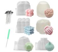 Candle Making Kit, 6 Unique 3D Silicone Molds Set with 50 Wicks & 2 Wick Holders, Candle Mould with Rose, Knot, Bubble, and Geometric Styles, DIY Craft Resin Art for Home Decor Gifts