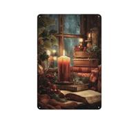 Candle on An Old Book Tin Metal Signs Wall Art Decorations for Bar Pub Club Cafe Room Farmhouse White 30x20cm