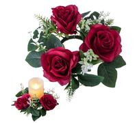 Candle Rings 9 inch Artificial Rose Candle Rings Wreaths with Green Eucalyptus Leaves Small Candle Rings for Pillar Wedding Centerpiece Home Decor Red.