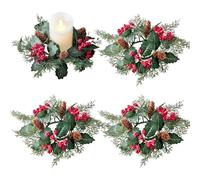 Candle Rings with Red Berries & Pinecones 4Pcs Artificial Christmas Candle Wreath for Pillars Wedding Dining Table Centerpieces