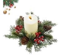 Candle Rings Wreaths with Realistic Artificial Red Berries Pine Needle | Mini Christmas Wreaths Candle Ring for Home Living Room Kitchen Dining Table Fireplace Mantel Office Party Holiday A