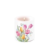 Candle Spring Tulips in Delicate Colours for Table Decoration Round Small Diameter 7.5 x 9 cm