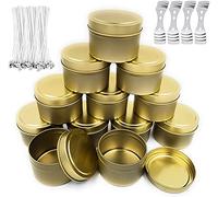 Candle Tins for Making Candles, Candle Making Kits Include 12 Pack 8 Oz Empty Candle Jars with Lids, 50 Cotton Wicks, 40 Wick Stickers, 4 Wick Holders, DIY Candle Craft Gift Set (Gold,12)