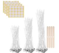Candle Wicks, 150 Pcs Long Pre Waxed Wicks (10cm/12cm/15cm) for Candle Making, DIY Crafts, with 4 Wick Holders & 4 Sheets Dot Stickers