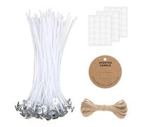 Candle Wicks, 50 Pcs 10cm Cotton Pre Waxed Candle Wicks for Making Candles with 60 Pcs Glue Dots, 20 Tag Labels and 20 Jute Strings, Long Lasting with No Black Smoke for DIY Crafts