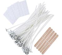 Candle Wicks for Making Candles 100 Pcs 10cm Long Pre-Waxed with Metal Tabs Includes Stainless 3 Hole Wick Holder 60 Stickers, Long Burn Time Perfect for Home and DIY Candles
