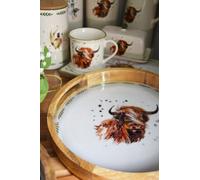 Candlelight 30Cm Round Tray Mango Wood/enamel - Highland Cow