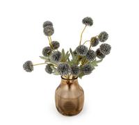 Candlelight Glazed Ginger Pot, Blue Kiku Stem 4.3Cm Artificial Plant In Orange Glass Ribbed Vase