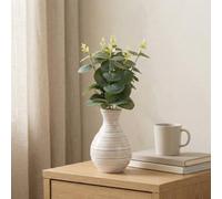 Candlelight Green 26Cm Eucalyptus Artificial Floral Arrangement In White Striped Ceramic Vase