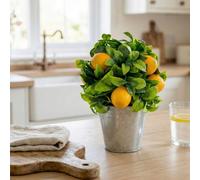 Candlelight Green & Yellow 23.5Cm Lemon Pot With Artificial Plant In Silver Tin Pot