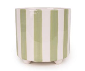 Candlelight Painted Celadon Green Striped Ceramic Glazed Plant Pot (Dia) 14Cm, (H)14Cm