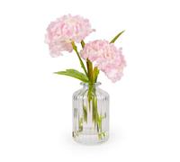 Candlelight Pink 21Cm Hydrangeas Artificial Floral Arrangement In Clear Ribbed Glass Vase