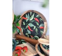 Candlelight Round Tray Mango Wood & Enamel - Chillies