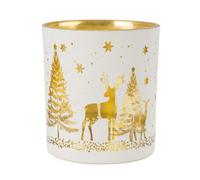 Candlelight Small White Gold Effect Christmas Woodland Scene Glass Tea Light Holder