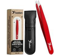 Candure Professional Slanted Tweezers for Men and Women - Precision Stainless Steel Tweezer for Brow, Chin, Facial Hair, Ingrown Hair & Plucking with Leather Pouch (Red)