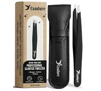 Candure Professional Slanted Tweezers for Men and Women - Precision Stainless Steel Tweezer for Brow, Chin, Facial Hair, Ingrown Hair & Plucking with Leather Pouch (Black, 1pc)
