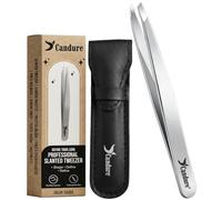 Candure Professional Slanted Tweezers for Men and Women - Precision Stainless Steel Tweezer for Brow, Chin, Facial Hair, Ingrown Hair & Plucking with Leather Pouch (Silver)