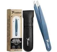 Candure Professional Slanted Tweezers for Men and Women - Precision Stainless Steel Tweezer for Brow, Chin, Facial Hair, Ingrown Hair & Plucking with Leather Pouch (Blue)