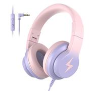 Candy Bila Kids Headphones, Wired Headphones for Kids Over Ear with Microphone, 85/94dB Volume Limiter Headphone for Girls Boys, Foldable Headphone for Learning & Entertainment, Gradient Pink