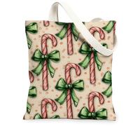 Candy Cane Canvas Tote Bags, Festive Bow Pattern Reusable Grocery Bags, Fanciful Holiday Lightweight Washable Shoulder Strap Canvas for Shopping Travel 13x15 Inch