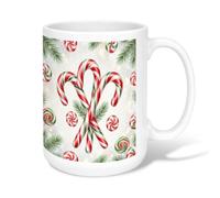 Candy Cane Christmas Pattern Canes Ceramic Coffee Mug 15oz | Peppermint Swirls, Drinking Cup, Pine Needles, Winter Motif, Cozy Seasonal Drinkware, Traditional Holiday Aesthetic