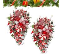 Candy Cane Christmas Wreaths For Front Door, 50cm Artificial Christmas Wreath, Candy Cane Bow Christmas Wall Hanging Xmas Red White Candy Cane Teardrop Wreath For Door Indoor Outdoor Porch Deco (2 PC)