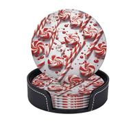 Candy Cane Coasters Set of 6 with Holder, Absorbent Drink Coaster for Table Protection, Round Leather Coasters Decorative Coffee Table Cup Mat for Home Decor