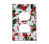 Candy Cane Duplex Outlet Covers Wall Plate, Christmas Festive Holly Berries Xmas Red Plastic Standard Size Face Plates for Electrical Outlets for Home Living Room New Apartment Decor
